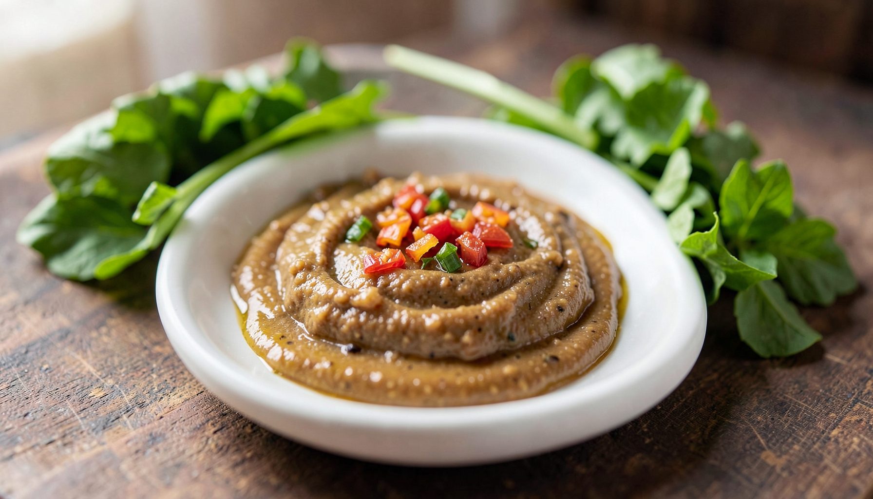 Kremast humus v skledi, pokapan z oljčnim oljem in posut s papriko, ob njem sveža zelenjava, bližnjevzhodni pridih